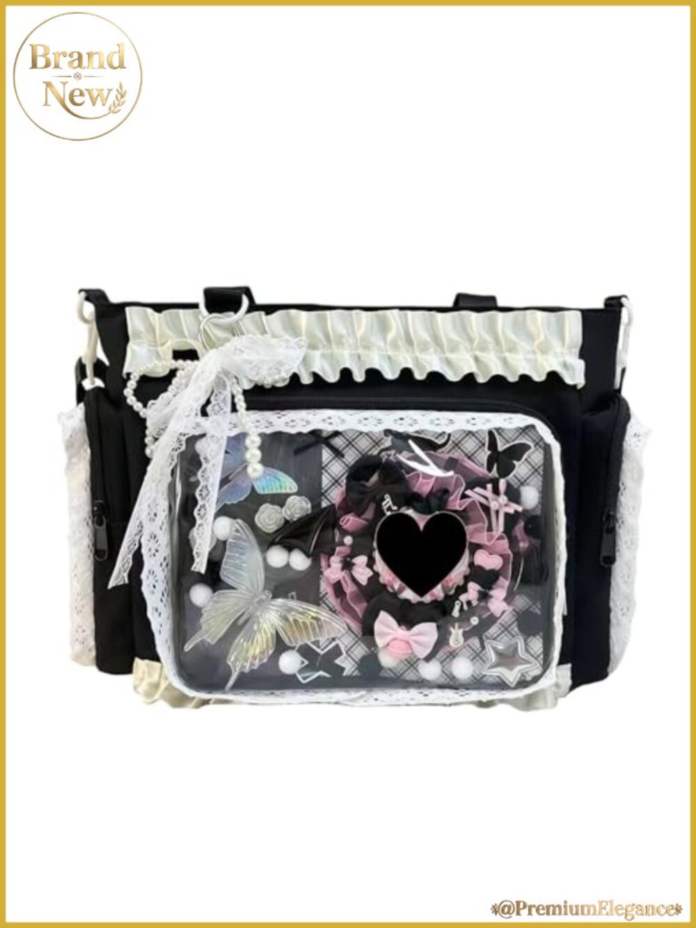 Lolita Ita Bag Kawaii Crossbody Messenger with Pin Display & Ruffle Trim Nylon